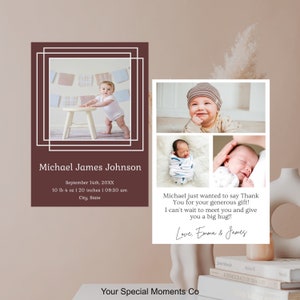 Anuncio de nacimiento minimalista y tarjeta de agradecimiento, tarjeta de nacimiento con foto imprimible, tarjeta de agradecimiento de baby shower, descarga instantánea, personalizable