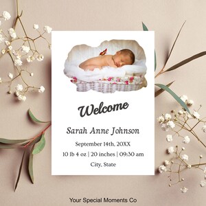Anuncio de nacimiento minimalista y tarjeta de agradecimiento, tarjeta de nacimiento con foto imprimible, tarjeta de agradecimiento de baby shower, descarga instantánea, personalizable