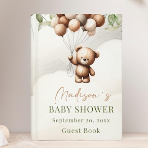 Bewerkbare genderneutrale teddy babyshower gastenregister hardcover dagboek notitieboek, bruine boho-ballonnen, digitale sjabloon, bundel, BSG001