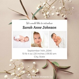 Anuncio de nacimiento de recién nacido y versión móvil, tarjeta de nacimiento con foto imprimible, minimalista, neutral en cuanto al género, descarga instantánea, personalizable y editable