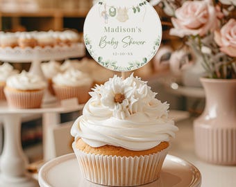 Sweet Little Bunny Baby Shower Cupcake Toppers, Editable Greenery Bunny Cupcake Tags, Sage Green Gender Neutral, Printable Party Decor