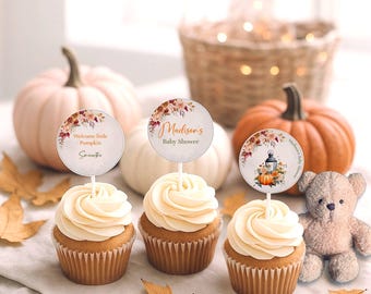 Pumpkin Baby Shower Cupcake Toppers, Editable Digital Template