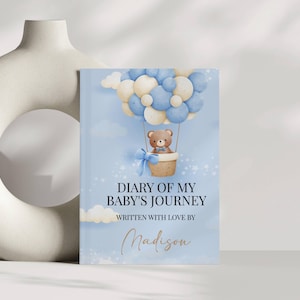 Bewerkbare teddybeer jongen babyshower dagboek hardcover dagboek notitieboek, blauwe boho-ballonnen, digitale sjabloon, bundel, decor, BSG002