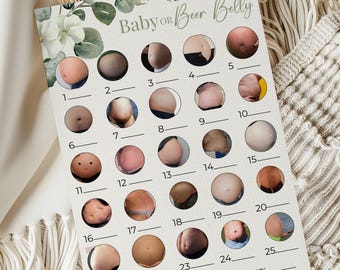 Può includere: Un biglietto da gioco color crema con la scritta "Baby or Beer Belly" e una serie di cerchi numerati contenenti immagini di pance. Il biglietto ha un motivo floreale e spazi per un nome e un punteggio.