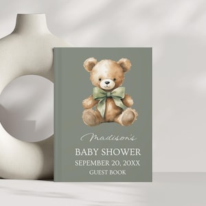 Cahier de notes modifiable neutre entre les sexes garçon fille baby shower invité registre à couverture rigide, bohème vert sauge, modèle numérique imprimable, BSG004