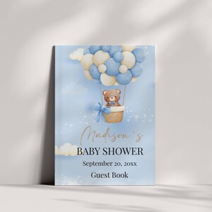 Bewerkbare teddybeer jongen babyshower gastenregister hardcover dagboek notitieboek, blauwe boho-ballonnen, digitale sjabloon, bundel, BSG002