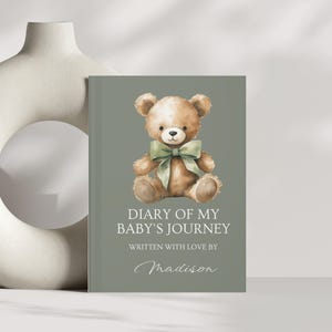 Bewerkbaar genderneutraal dagboek jongen meisje babyshower hardcover dagboek notitieboek, saliegroen boho, digitale sjabloon, decoratie, BSG004