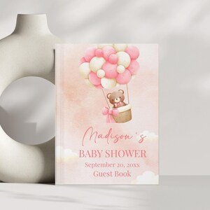 Bewerkbare teddybeer meisje babyshower gastenregister hardcover dagboek notitieboek, roze witte boho-ballonnen, digitale sjabloon, bundel, BSG003