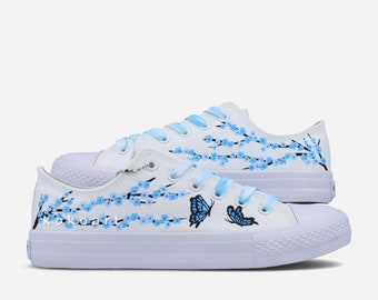 Hand PAINTED canvas shoes with Cherry Blossom and butterflies