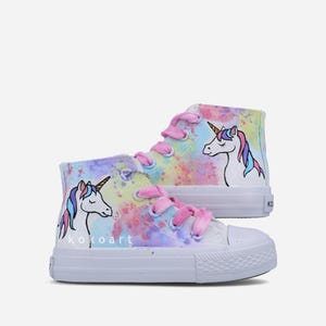 UNICORNS baby hand PAINTED canvas shoes with watercolour background