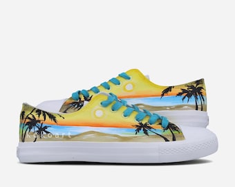 Sunset beach illustration with palm trees hand painted shoes