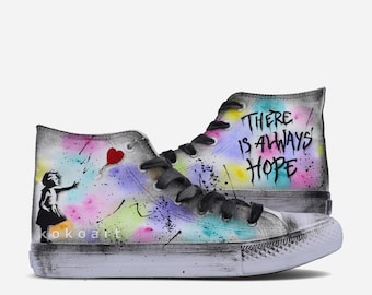 Hand painted shoes with Girl with Balloon with Multicolour background