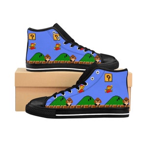 Retro Mario Shoes, Men&#39;s Classic Sneakers, High top shoes, Cool custom video game shoes, Mario, Vintage video game scene, Retro high tops