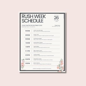 Puede incluir: Un folleto blanco con el horario de la semana de reclutamiento para el 26 de noviembre de 2026, con texto negro y un borde floral. El documento enumera eventos de 08:30 a 16:30, incluyendo registro, visitas, hermandad y revelación de resultados.
