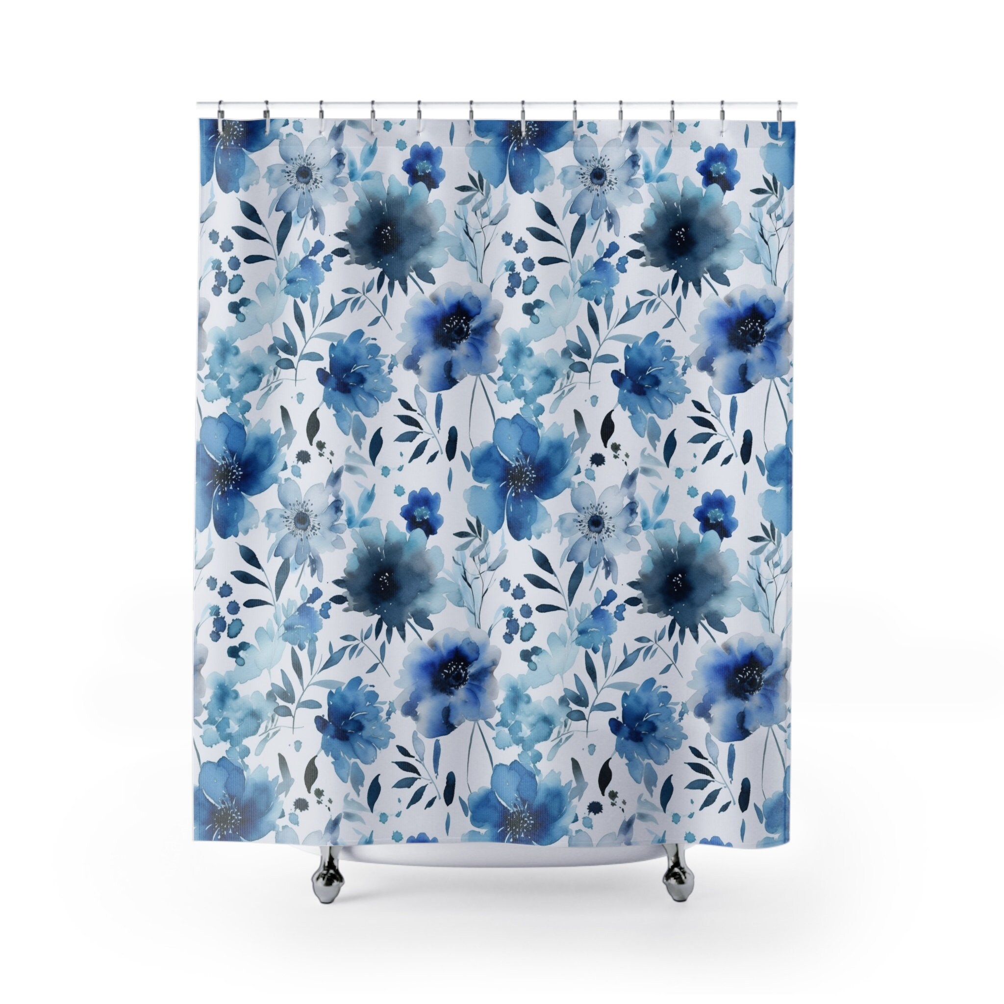 Tende da doccia con fiori acquerello estetico blu, acquerello, arredo bagno blu, arredamento floreale, arredo bagno, arredo bagno grazioso