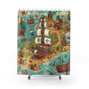 Kids piratenschip schatkaart Douchegordijn - Artistiek - Leuk - Schattig - Videogame - Esthetisch - Badkamer douchegordijn