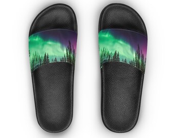 Northern lights Women's Slide Sandals, galaxy slides, Northern lights, nature, nature slides, slip on shoes, aurora slides, gifts for nature