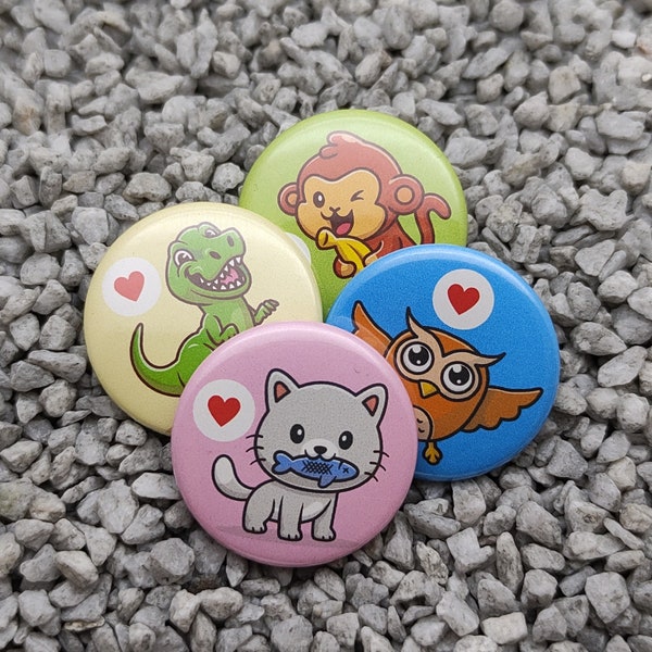 Kinder Button Set B: niedliche Tiere Button Pin 25mm Katze Dino Affe Eule