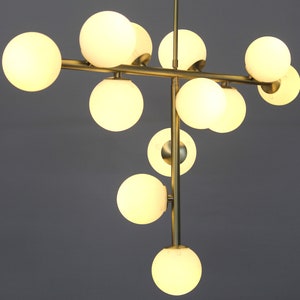 Handcrafted 12 Arm Light Mid Century Milky Ball Brass Chandelier
