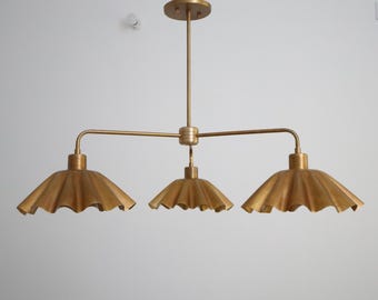 Handmade Brass Flower Shade Chandelier, Mid Century Modern 3-Arm Fixture, Antique Finish