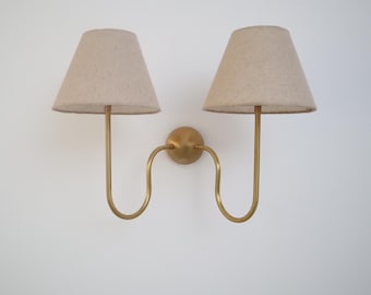 Brass Two-Arm Wall Lamp with Linen Shade: Modern Adjustable Sconce