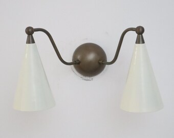 Mid Century Brass Double Sconce Modern With Cream Shade Wall Lamp