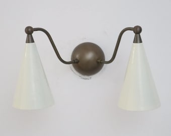 Brass Double Sconce Wall Lamp with Cream Shades, Mid Century Lighting