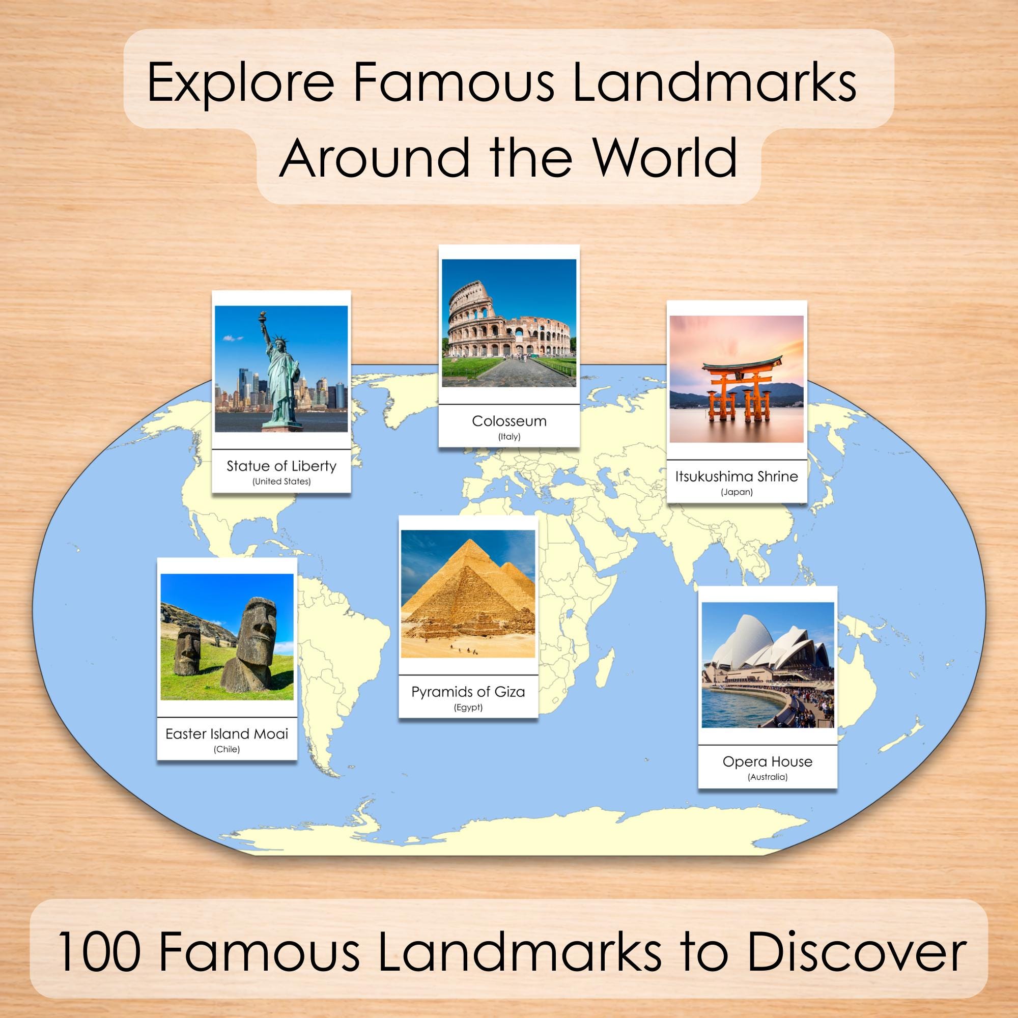 100 World Landmarks Flashcards for Kids, Montessori Geography Cards ...