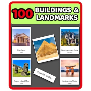 100 Landmarks & Architectural Wonders 3-Part Cards – Printable Flashcards Montessori Kid Learn Homeschool Geography Travel World Educational