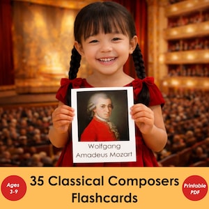 Tarjetas didácticas de compositores clásicos para niños, tarjetas de música Montessori imprimibles de 3 partes, recurso para la educación en el hogar y para profesores de música, actividad para lecciones de piano