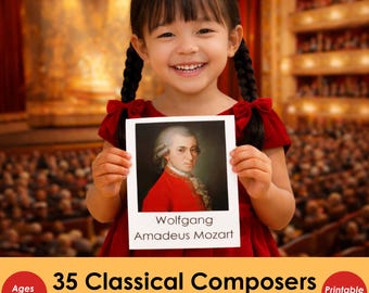 Classical Composers Flashcards for Kids, Printable 3 Part Montessori Music Cards, Homeschool & Music Teacher Resource Piano Lessons Activity