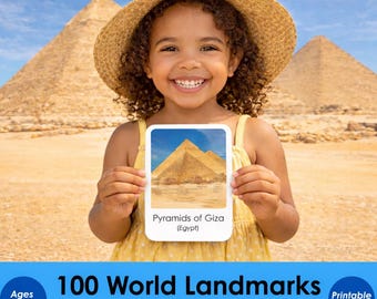 100 World Landmarks Flashcards for Kids, Montessori Geography Cards, Printable 3 Part Cards Homeschool Geography Activity Preschool Learning