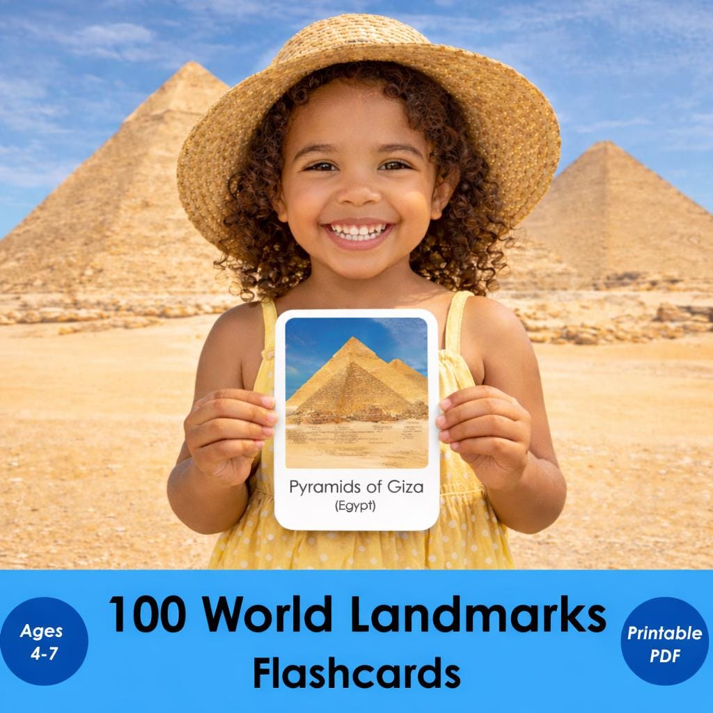 100 World Landmarks Flashcards for Kids, Montessori Geography Cards ...