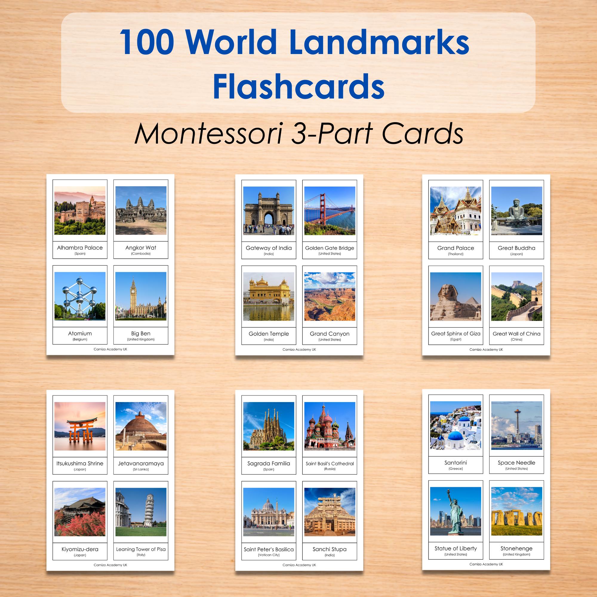 100 World Landmarks Flashcards for Kids, Montessori Geography Cards ...