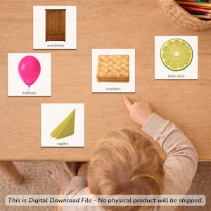 Preschool shape sorting activity using real object photo cards. Kids match everyday objects by geometric shape in a Montessori inspired learning game.