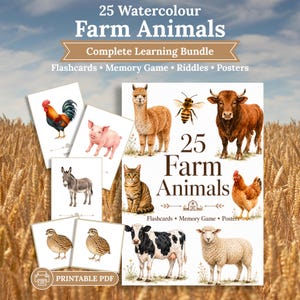 25 Watercolour Farm Animal Flashcards Printable PDF, Toddler Learning Bundle, Memory Matching Game, Riddles, Farm Animal Posters for Kids