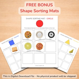 Bonus Montessori shape sorting mats printable. Children match real object picture cards to circle, square, triangle, rectangle and oval sorting mats.
