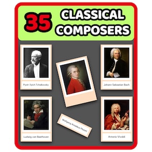 35 Klassische Komponisten - 3-teilige Nomenklaturkarten | Homeschool Eltern | Bilder Karteikarten | Musikgeschichte | Ressourcen für Lehrer | Großbritanien