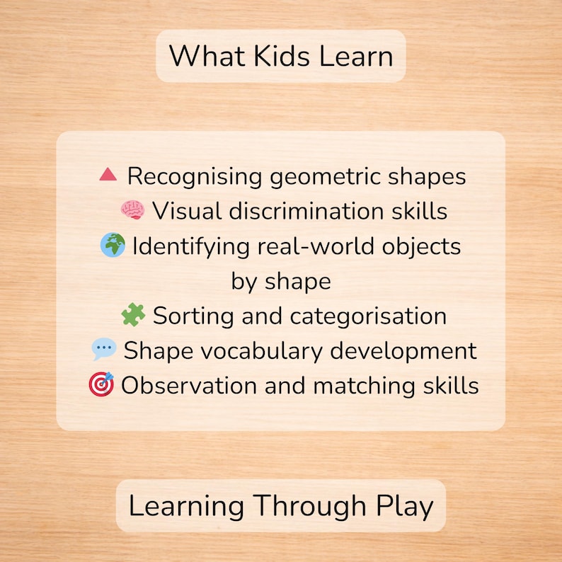 Educational benefits of Montessori shape sorting cards. Supports shape recognition, visual discrimination, vocabulary development and sorting skills for preschool kids.
