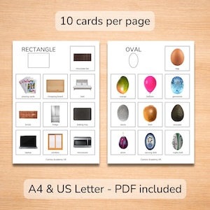Printable Montessori shape sorting cards layout with 10 cards per page. Real object photos for circle, square, triangle, rectangle and oval learning.