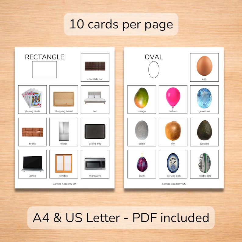 Printable Montessori shape sorting cards layout with 10 cards per page. Real object photos for circle, square, triangle, rectangle and oval learning.