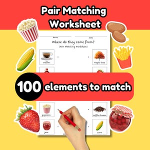 Pair Matching Worksheet Printable | Homeschool | General World Knowledge | Everyday Life | EYFS | Toddler Activity | Preschool | Food Origin