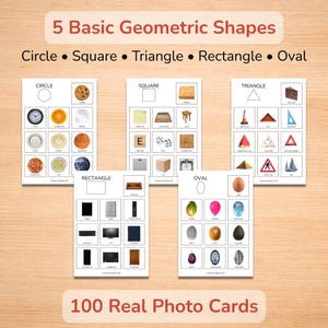 Montessori geometric shapes activity for preschool. 100 real photo sorting cards for circle, square, triangle, rectangle and oval. Printable learning resource for ages 3-6.