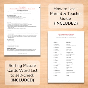 Montessori shape sorting cards printable includes parent and teacher guide plus picture word list checklist to support preschool shape learning activities.