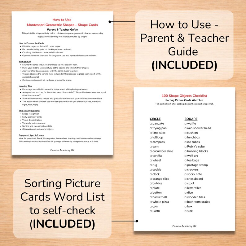 Montessori shape sorting cards printable includes parent and teacher guide plus picture word list checklist to support preschool shape learning activities.