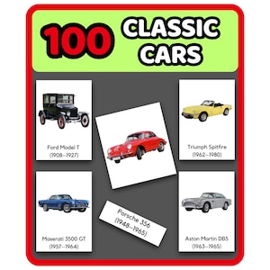 100 voitures classiques - Flashcards en 3 parties imprimables | Histoire des véhicules de transport Automobile | Tri des images | Ressources éducatives Montessori