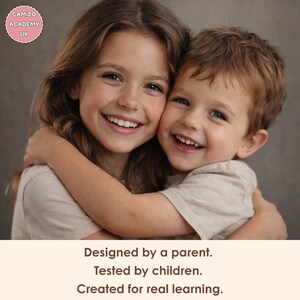 Two children smiling and hugging, representing real learning with Montessori flashcards and printable educational resources for kids.