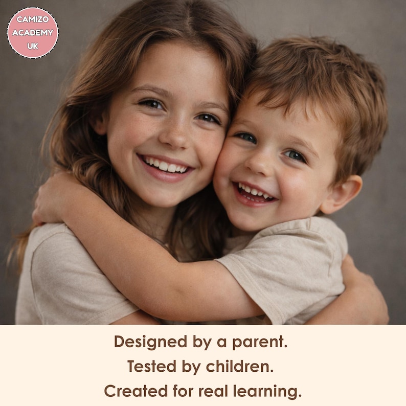 Two children smiling and hugging, representing real learning with Montessori flashcards and printable educational resources for kids.