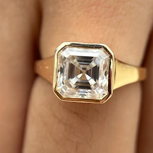 Asscher Cut Solitaire Moissanite Diamond Ring, 18Kt Solid Yellow Gold Engagement Ring, Bezel Set Anniversary Unisex Ring, Promise Gift Her