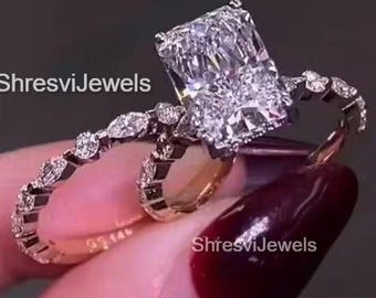 Anillo de compromiso de moissanita de corte radiante, alianza de estilo vintage, joyería nupcial de plata de ley.